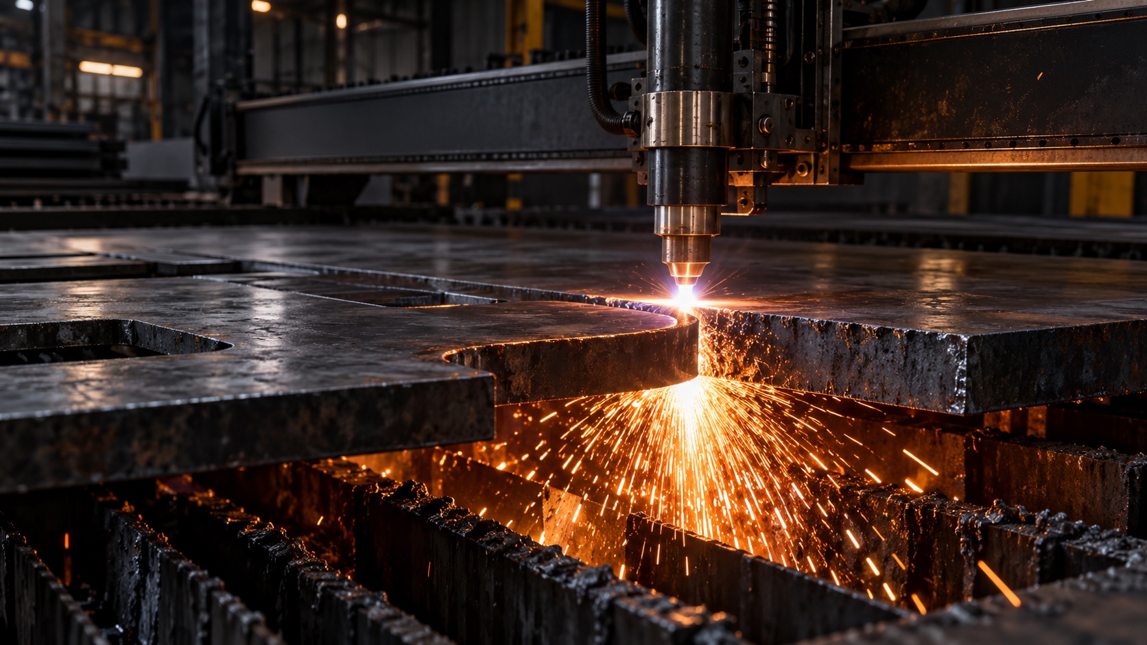 CNC plazma kesim makinesinde kalın sac kesimi ve kıvılcımlar